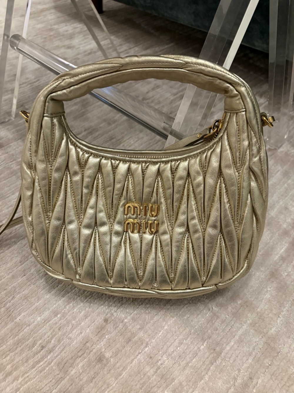 Miu Miu Wander Matelassé Leather Hobo Bag – Gold